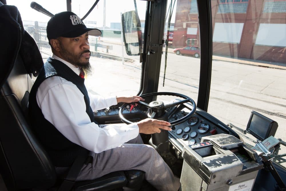 R.G. Williams behind the wheel of a city bus in Louisville, Ky. (Jacob Ryan/WFPL)