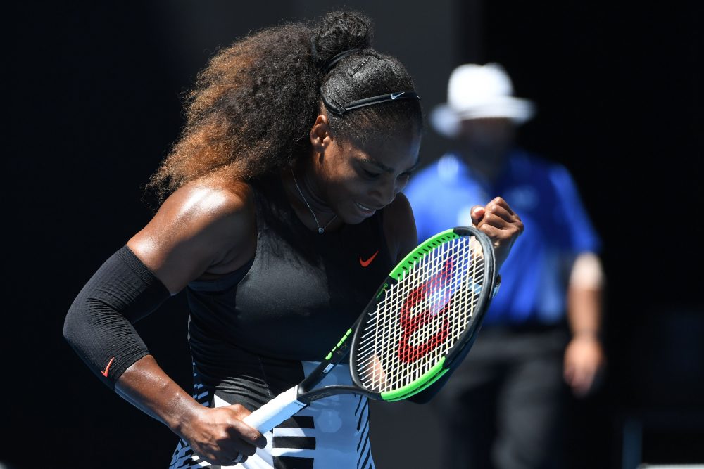 Serena Williams celebrates her victory against Johanna Konta in their women's singles quarterfinal match on Day 10 of the Australian Open in Melbourne on Jan. 25, 2017. (Saeed Khan/AFP/Getty Images)