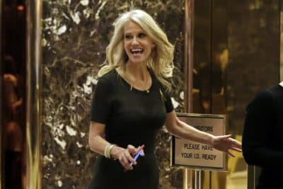 Kellyanne Conway walks through the Trump Tower lobby, in New York, on Monday. (Richard Drew/AP)