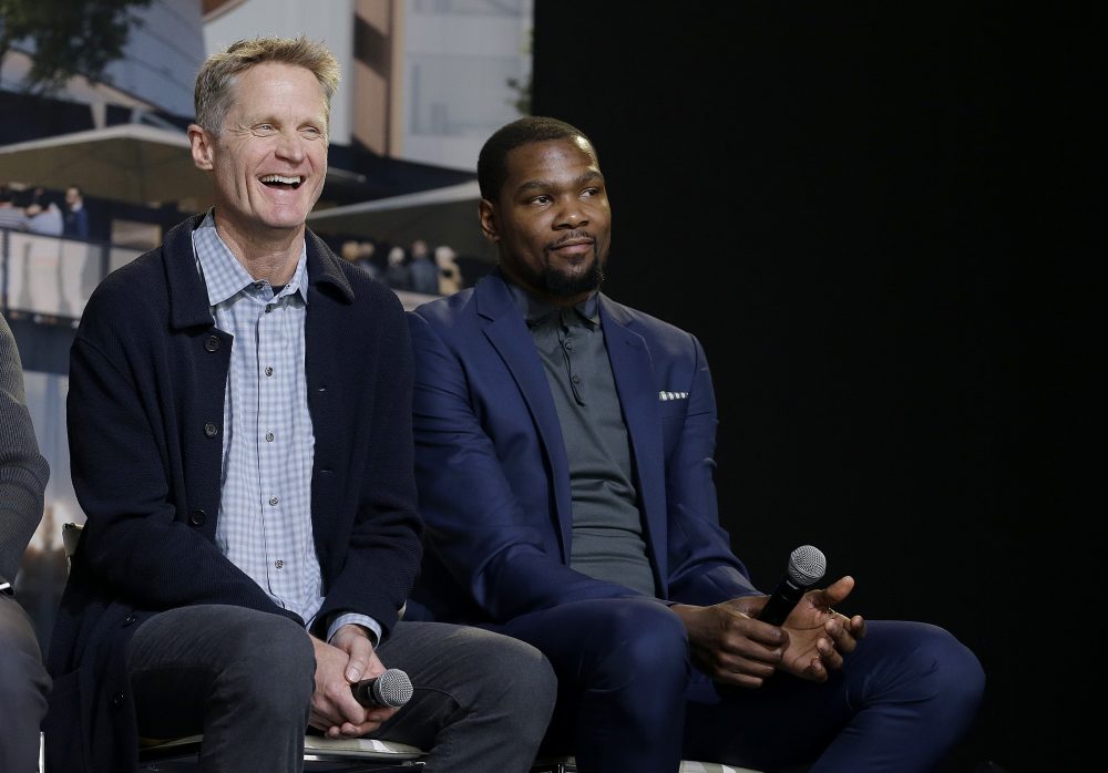Warriors head coach Steve Kerr, left, and forward Kevin Durant during the Chase Center ground breaking ceremony. (Jeff Chiu/AP)
