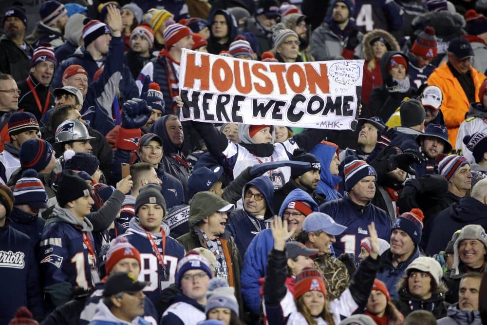 A New England Patriots fan holds a sign referring to the team's upcoming trip to Houston to face the Atlanta Falcons in Super Bowl LI. (Elise Amendola/AP)