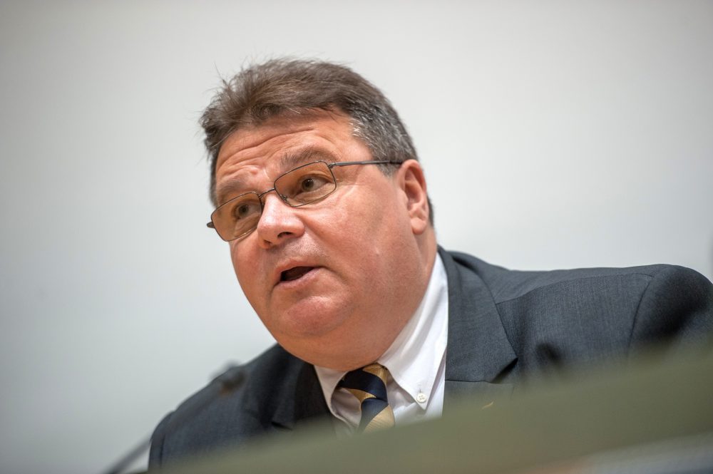 Lithuanian Foreign Minister Linas Linkevicius speaks at a joint press conference with his Estonian, German and Latvian counterparts following their meeting focused on security in the Baltic region amid the concern over a resurgent Russia, in June 2014 in Tallinn, Estonia. (Raigo Pajula/AFP/Getty Images)