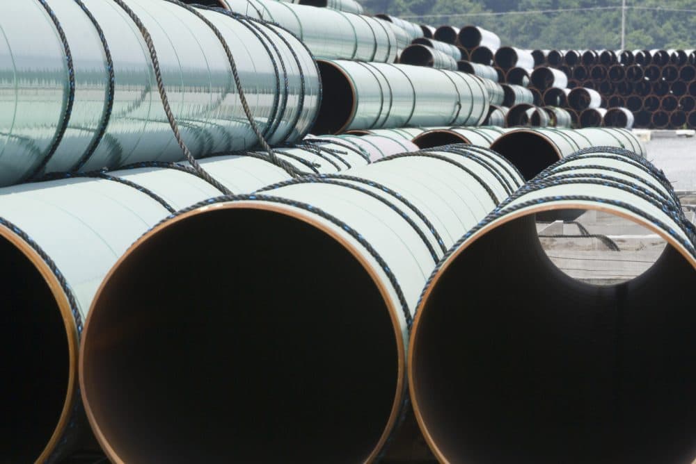 Some of about 500 miles worth of coated steel pipe manufactured by Welspun Pipes, Inc., originally for the Keystone oil pipeline, is stored in Little Rock, Ark., Thursday, May 24, 2012. (Danny Johnston/AP)