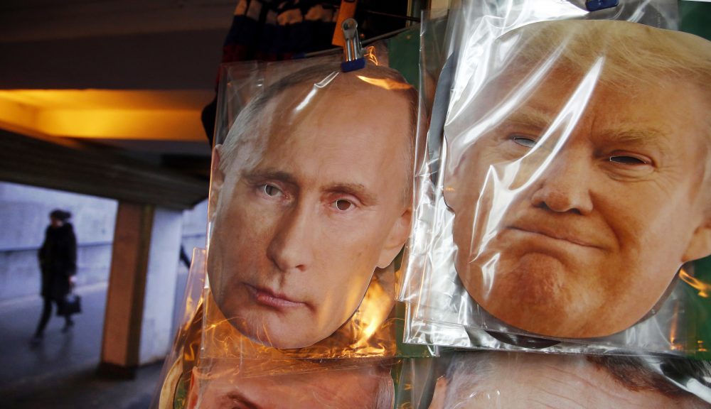 Face masks depicting Russian President Vladimir Putin and U.S. President-elect Donald Trump hang for sale at a souvenir street shop in St.Petersburg, Russia, Friday, Dec. 23, 2016. (Dmitri Lovetsky/AP)