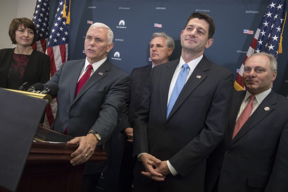 From left, Rep. Cathy McMorris Rodgers, R-Wash., chair of the House Republican Conference, Vice President-elect Mike Pence, House Majority Leader Kevin McCarthy of Calif., House Speaker Paul Ryan of Wis., and House Majority Whip Steve Scalise of La., meet with reporters on Capitol Hill in Washington (J.Scott Applewhite/AP)