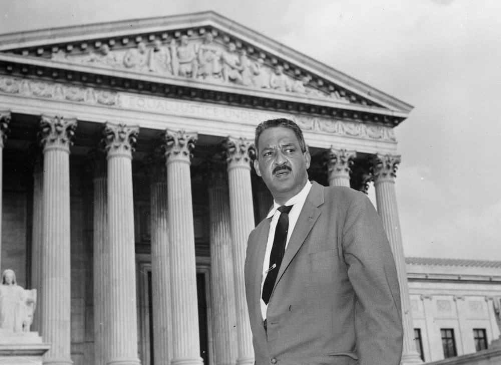 A production of the play 'Thurgood' is on stage at the New Rep Theatre through February 11. Pictured: Thurgood Marshall in 1958 outside the Supreme Court (AP)