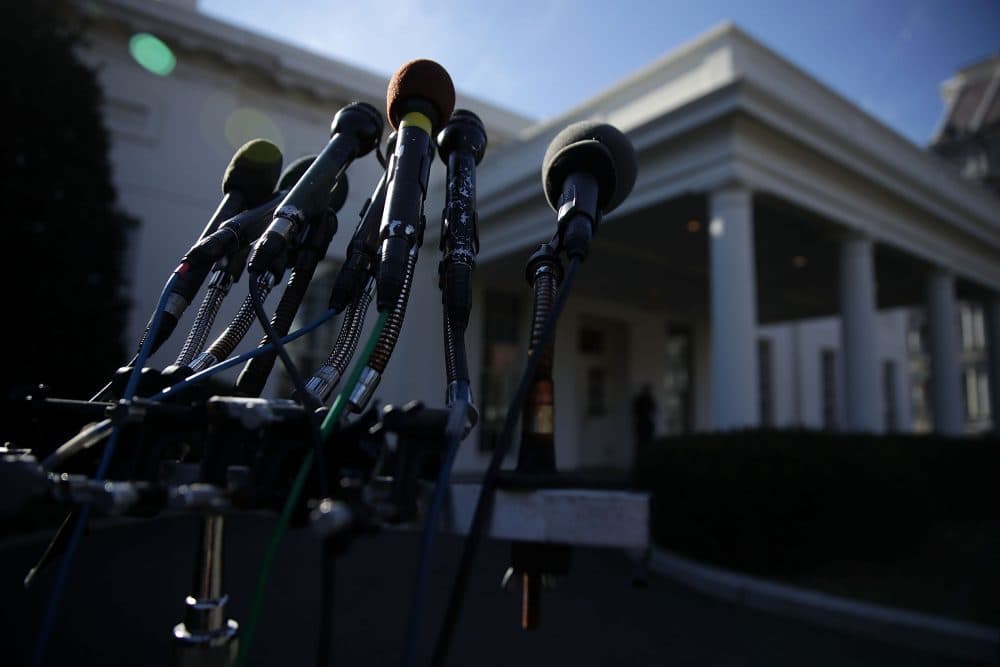 Microphones set up on a stand in front of the West Wing of the White House on Jan. 31, 2017 in Washington. (Alex Wong/Getty Images)