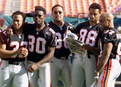 When the Falcons last played in the Super Bowl, Jamal Anderson, Tony Martin, Ed Smith, O.J. Santiago and Cornelius Bennett (L-R) suited up. (Jeff Haynes/AFP/Getty Images)