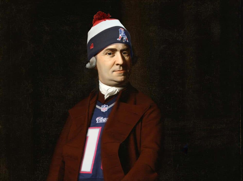 A digitally-edited painting of Sam Adams donning Patriots' gear for the MFA's contest with Atlanta's High Museum of Art. (Courtesy Museum of Fine Arts, Boston)
