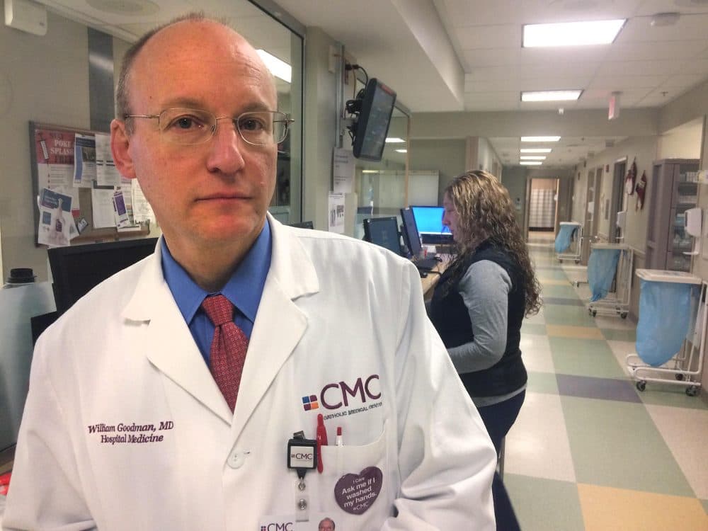 Dr. William Goodman, Chief Medical Officer, stands in Catholic Medical Center's Emergency Department, where 1,033 patients addicted to opioids were seen in 2016. (Jack Rodlico/NHPR)