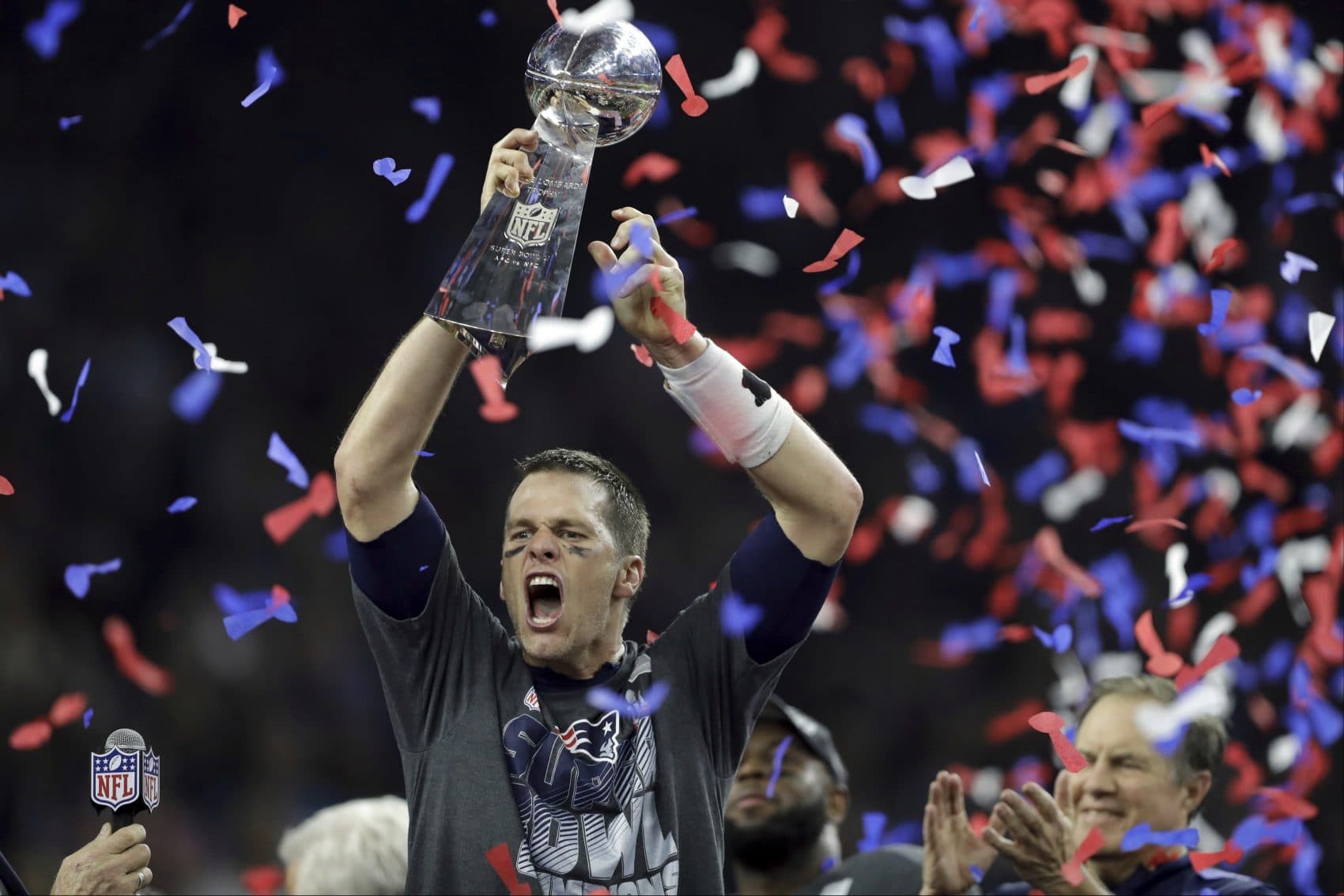 Tom Brady and the Patriots beat the Atlanta Falcons in the Super Bowl two seasons ago. They will return to the Super Bowl, in Atlanta, to face the Los Angeles Rams on Feb. 3. (Darron Cummings/AP)