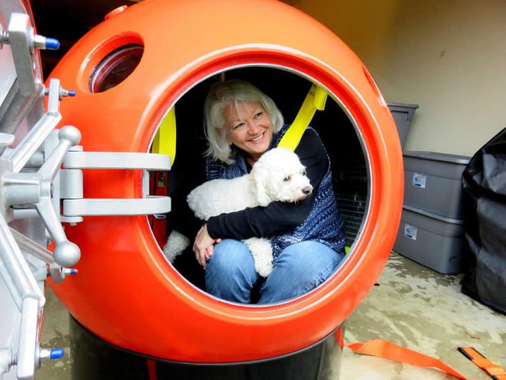 Jeanne Johnson of Ocean Park, Washington, is the first U.S. buyer of a tsunami pod sold by Mukilteo, Washington-based Survival Capsule LLC. (Tom Banse/Northwest News Network)