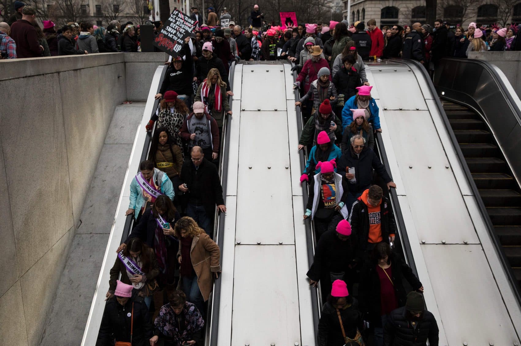 People make their way onto the National Archives Metro elevators during the Women's March on Washington Jan. 21, 2017 in Washington. (Zach Gibson/AFP/Getty Images)