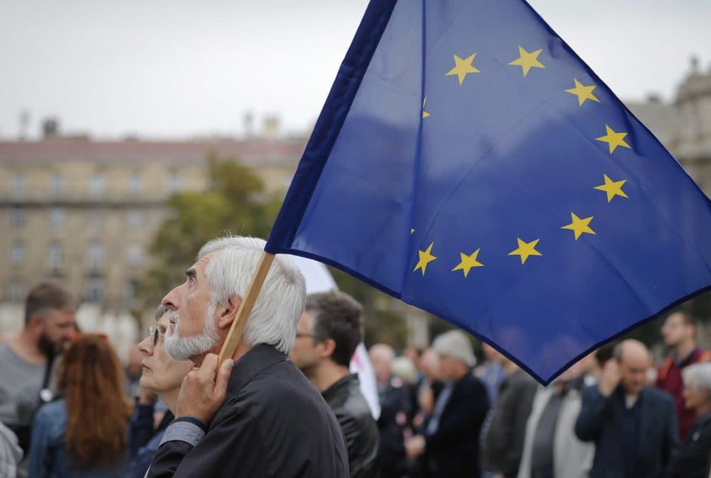 A man holds an European Union flag during a protest by opposition parties against Hungarian Premier Viktor Orban in Budapest, Hungary, in October 2016. (Vadim Ghirda/AP)