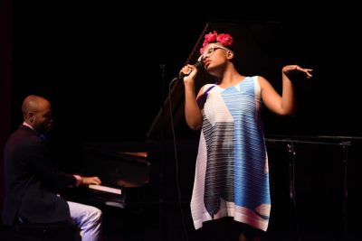 Aaron Diehl plays piano as Cécile McLorin Salvant sings. (Courtesy Celebrity Series of Boston)