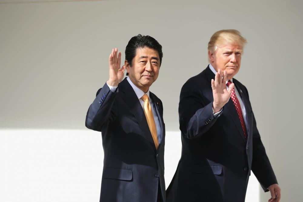 President Donald Trump and Japan Prime Minister Shinzo Abe walk together to their joint press conference in the East Room at the White House on Feb. 10, 2017 in Washington. (Chip Somodevilla/Getty Images)