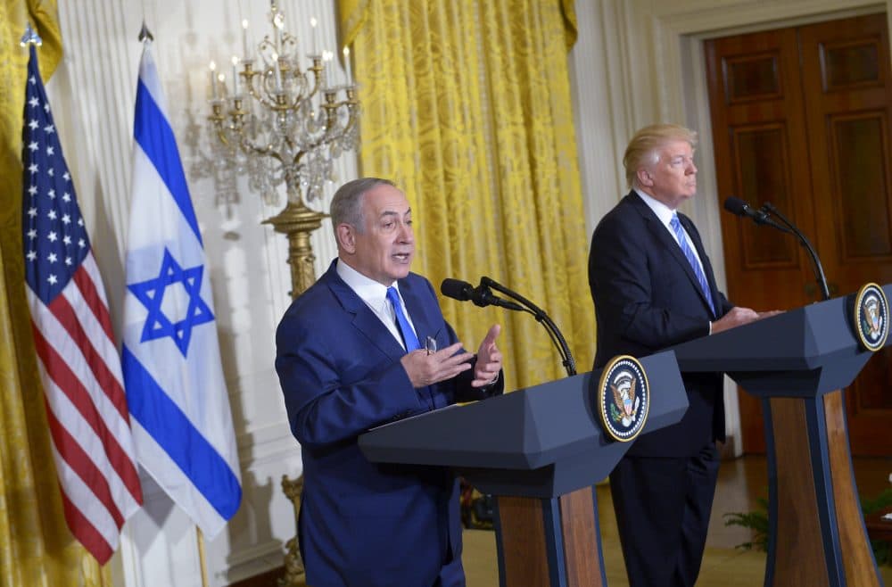 President Donald Trump (right) and Israeli Prime Minister Benjamin Netanyahu hold a joint press conference in the East Room of the White House in Washington, Feb. 15, 2017. (Mandel Ngan/AFP/Getty Images)