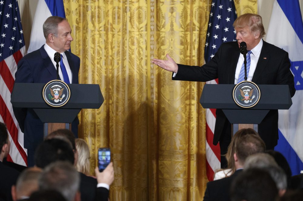President Donald Trump and Israeli Prime Minister Benjamin Netanyahu participate in a joint news conference in the East Room of the White House in Washington, Wednesday, Feb. 15, 2017. (Evan Vucci/AP)