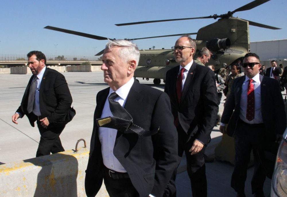 U.S. Secretary of Defense, James Mattis (center), arrives in the Iraqi capital Baghdad, on Feb. 20, 2017. (Thomas Watkins/AFP/Getty Images)