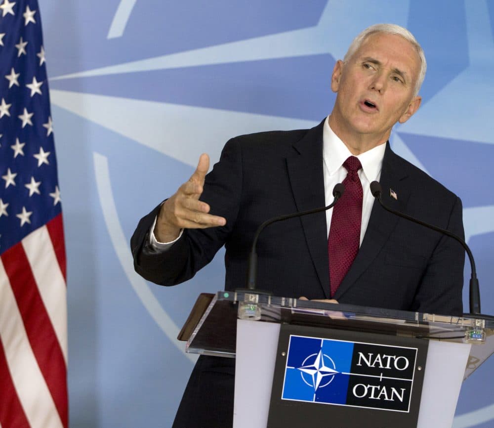 United States Vice President Mike Pence speaks during a media conference at NATO headquarters in Brussels on Monday, Feb. 20, 2017. (Virginia Mayo, Pool/AP)