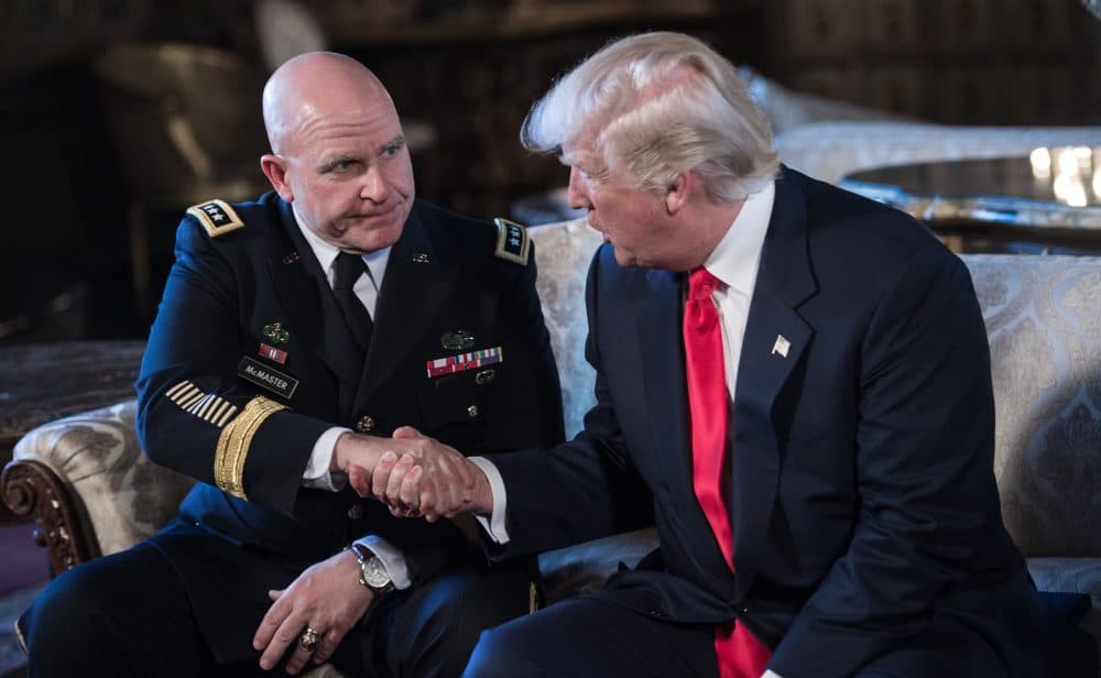 President Donald Trump shakes hands with Army Lt. Gen. H.R. McMaster at his Mar-a-Lago resort in Palm Beach, Fla., on Feb. 20, 2017. (Nicholas Kamm/AFP/Getty Images)