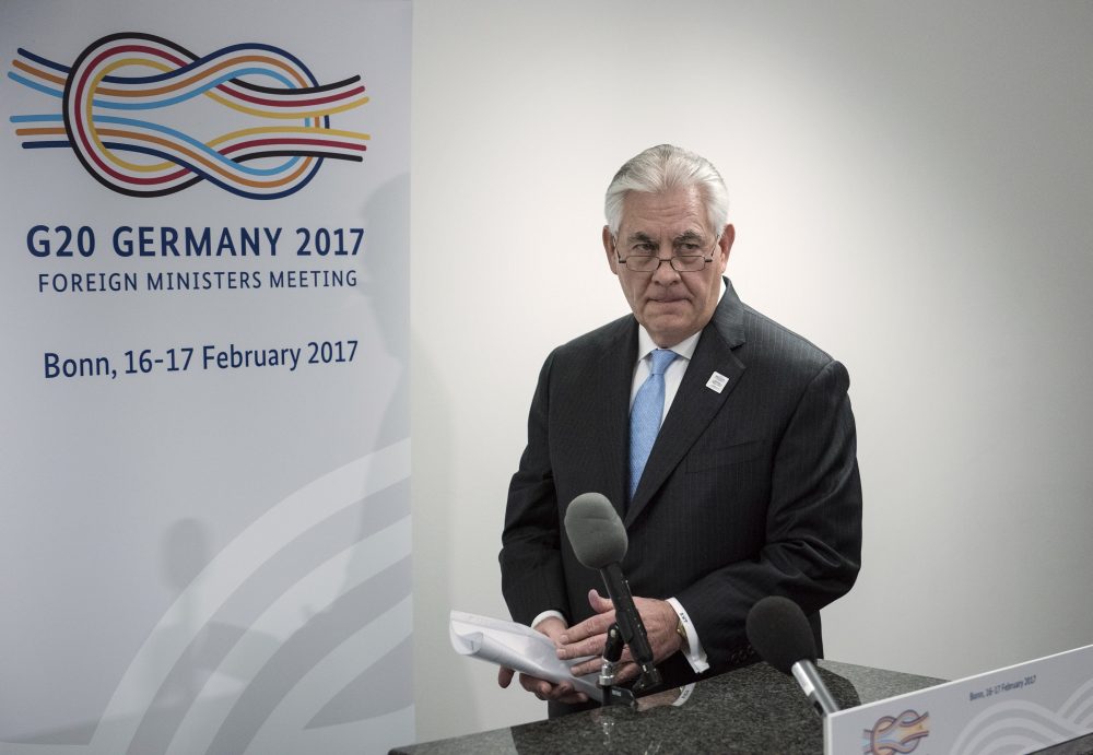 Secretary of State Rex Tillerson arrives to make a statement after a meeting with Russia's Foreign Minister at Sergei Lavrov at the World Conference Center, in Bonn, Germany, on Feb. 16, 2017. (Brendan Smialowski/AP)