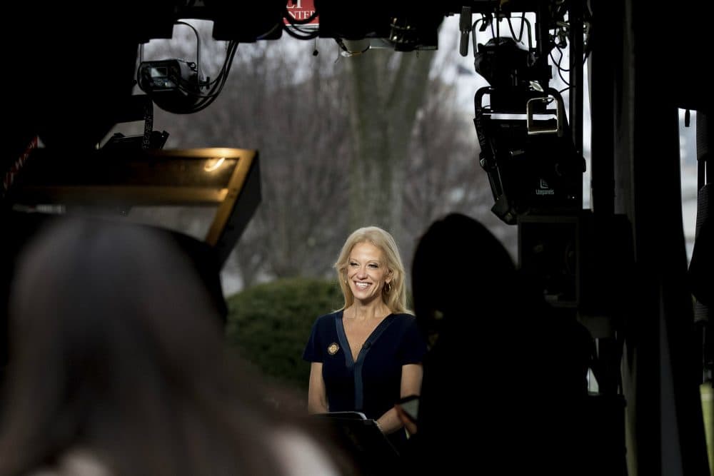 The most effective way to deal with unreliable sources, writes Steve Almond, is to keep them from polluting the airwaves. Pictured: Trump adviser Kellyanne Conway gets ready to speak live on television outside the White House, Sunday, Jan. 22, 2017, in Washington. (Andrew Harnik/AP)