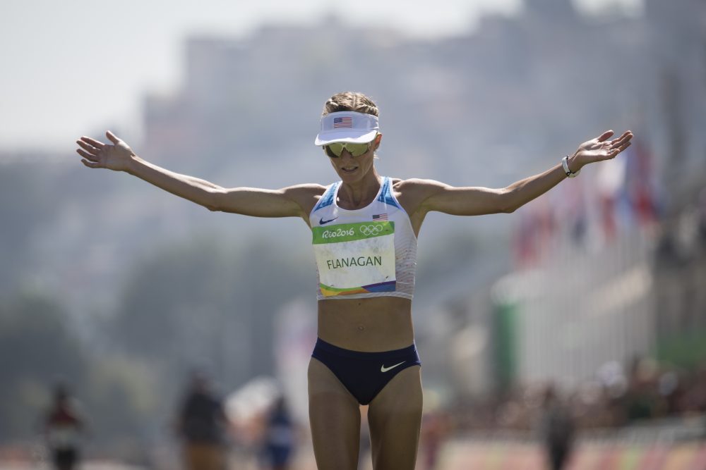 Shalane Flanagan crosses the finish line in Rio last August after completing the women's Olympic marathon. (Felipe Dana/AP)