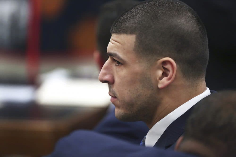 Aaron Hernandez is seen in Suffolk Superior Court in Boston earlier this month at the start of jury selection for his double murder trial. (Pat Greenhouse/Boston Globe via AP, Pool)