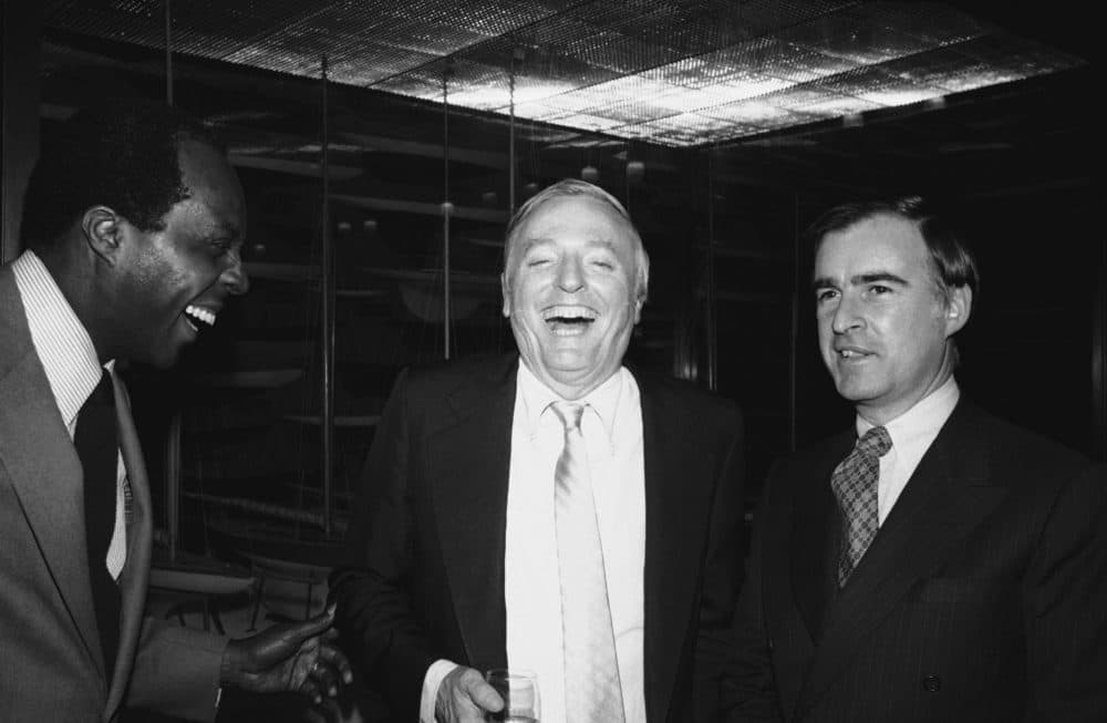 National Urban League President Vernon Jordan Jr., left, and William F. Buckley Jr., host and inquisitor of the public television show Firing Line, find something to laugh about at the 15th birthday celebration of the show in New York, Tuesday, Feb. 25, 1981. Jordan was one of 48 guests on the show who had come to celebrate with Buckley. (Kaye/AP)