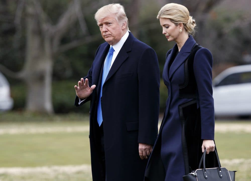 Problematic as she is, writes Joanna Weiss, Ivanka Trump is a bridge between a weird, wild White House and the daily needs of more than half the nation. Pictured: President Donald Trump, accompanied by his daughter Ivanka, waves as they walk to board Marine One on the South Lawn of the White House in Washington, Wednesday, Feb. 1, 2017. (AP Photo/Evan Vucci)