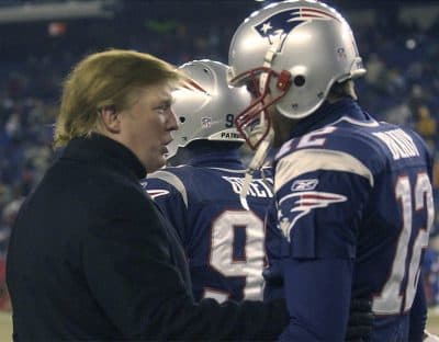 As some teammates decide to boycott the White House visit, Tom Brady remains silent on politics, writes Andrew Bauld. For the sake of his off-field legacy, Brady should speak up. Pictured here: Donald Trump talks to New England Patriots quarterback Tom Brady prior to the start of a 2004 AFC playoff game against the Titans at Gillette Stadium. (Elise Amendola/AP)