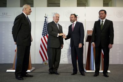 U.S. Secretary of State Rex Tillerson, center left, shakes hands with Mexico's Foreign Relations Secretary Luis Videgaray as U.S. Homeland Security Secretary John Kelly, left, and Mexico's Interior Secretary Miguel Angel Osorio Chong look on, at the Foreign Affairs Ministry in Mexico City. (Rebecca Blackwell/AP)