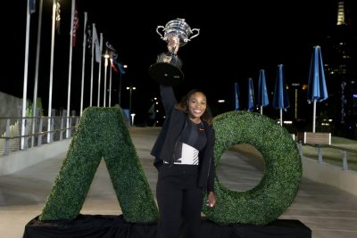 United States' Serena Williams poses with her trophy after defeating her sister Venus to win the women's singles final at the Australian Open tennis championships in Melbourne, Australia. (Aaron Favila/AP)