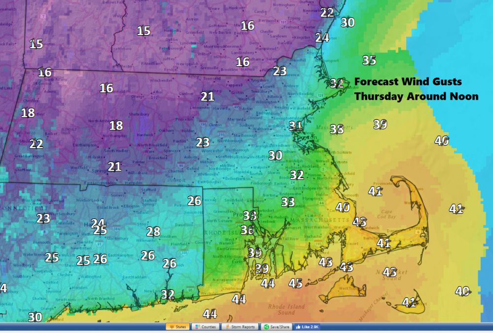 Winds will be strongest along the coastline Thursday midday to early afternoon. (Dave Epstein/WBUR)