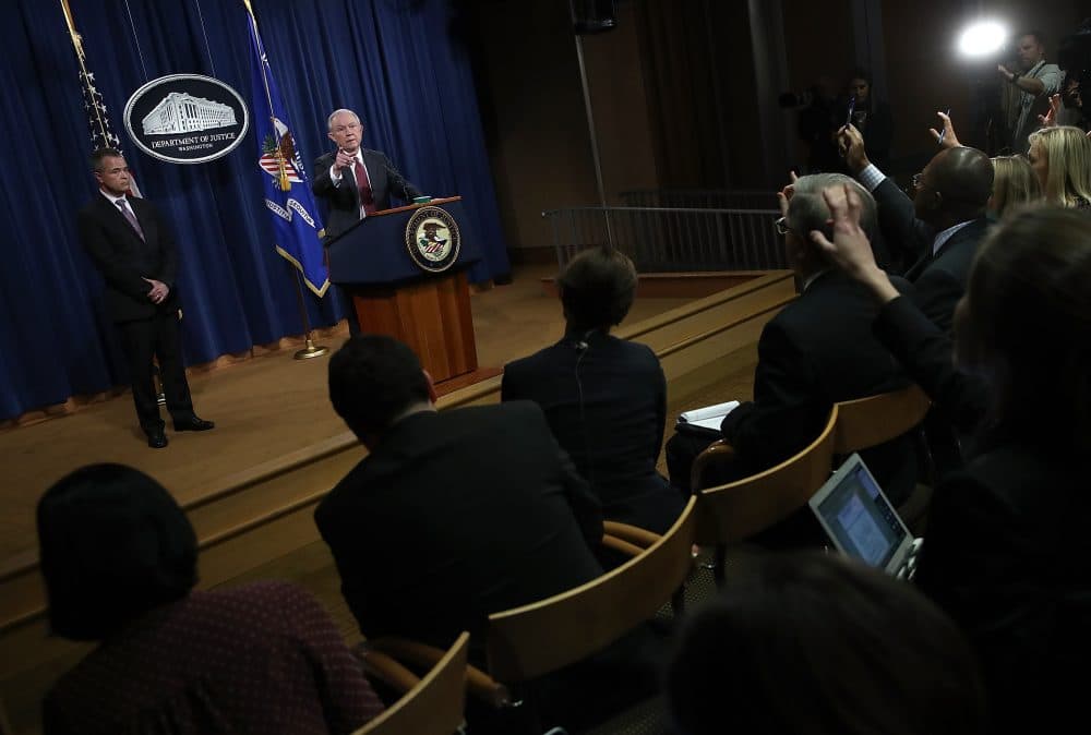 U.S. Attorney General Jeff Sessions takes questions during a press conference at the Department of Justice on March 2, 2017 in Washington, DC. (Win McNamee/Getty Images)