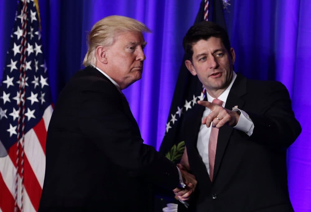 U.S. President Donald Trump shakes hands with Speaker of the House Rep. Paul Ryan (R-Wis.) during a luncheon at the Congress of Tomorrow Republican Member Retreat January 26, 2017 in Philadelphia. (Alex Wong/Getty Images)