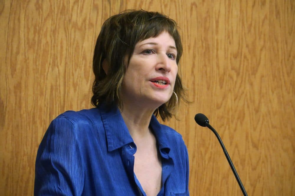 Laura Kipnis speaking at Wellesley College on Wednesday. In 2015, Kipnis wrote an essay describing what she called a climate of paranoia around sex and relationships at Northwestern University. (Max Larkin/WBUR)