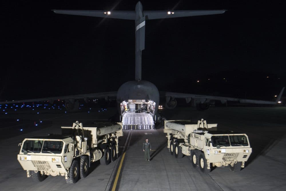 In this photo provided by U.S. Forces Korea, trucks carrying parts of U.S. missile launchers and other equipment needed to set up Terminal High Altitude Area Defense (THAAD) missile defense system arrive at Osan air base in Pyeongtaek, South Korea, Monday, March 6, 2017. The US military has begun moving equipment for the controversial missile defense system to ally South Korea. The announcement Tuesday by the U.S. military comes a day after North Korea test-launched four ballistic missiles into the ocean near Japan. (U.S. Force Korea via AP)