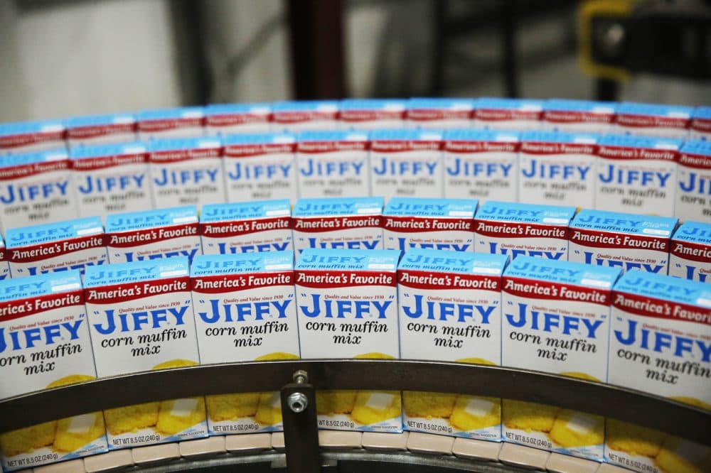 Boxes of Jiffy corn muffin mix are assembled at the factory in Chelsea, Mich. (Elissa Nadworny/NPR)