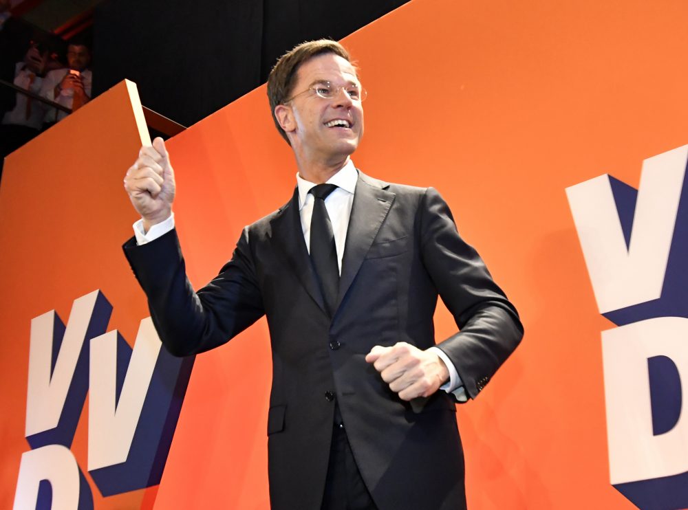 Prime Minister Mark Rutte of the free-market VVD party celebrates after exit poll results of the parliamentary elections were announced in The Hague, Netherlands, Wednesday, March 15, 2017. (Patrick Post/AP)