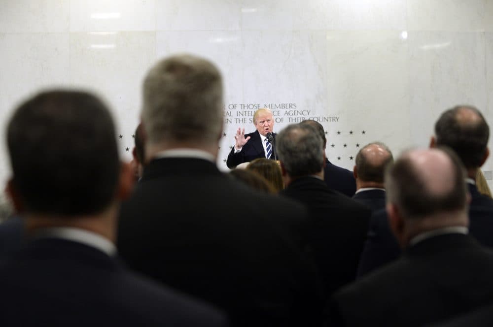 President Trump speaks at CIA headquarters in Langley, Va., in January. (Olivier Doulier - Pool/Getty Images)