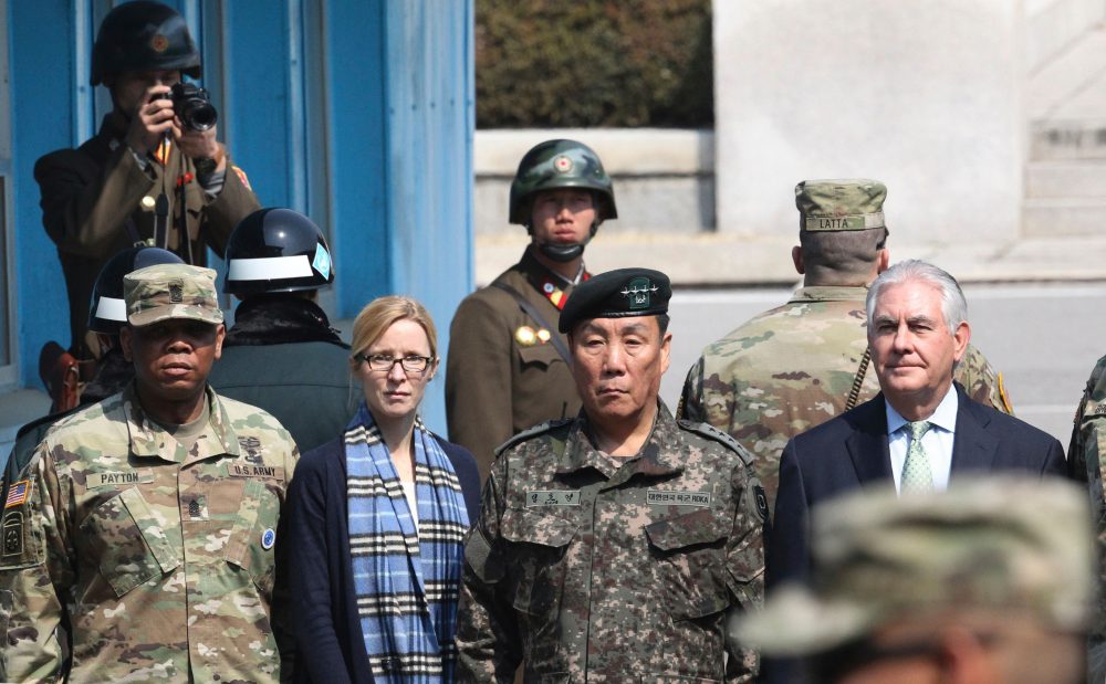Secretary of State Rex Tillerson (right) stands at the Korean border village of Panmunjomon on March 17, 2017. (Lee Jin-Man/AFP/Getty Images)