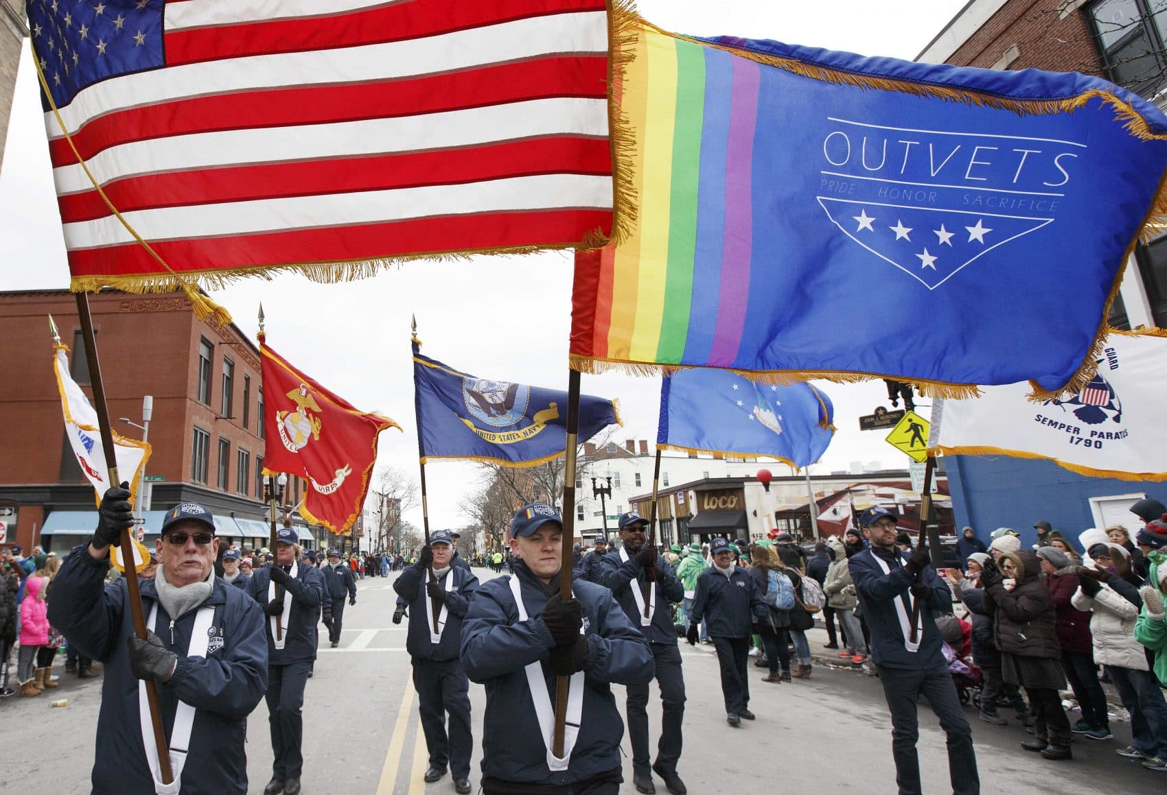 A group from OUTVETS marches in the annual St. Patrick's Day parade in Boston Sunday. (Michael Dwyer/AP)