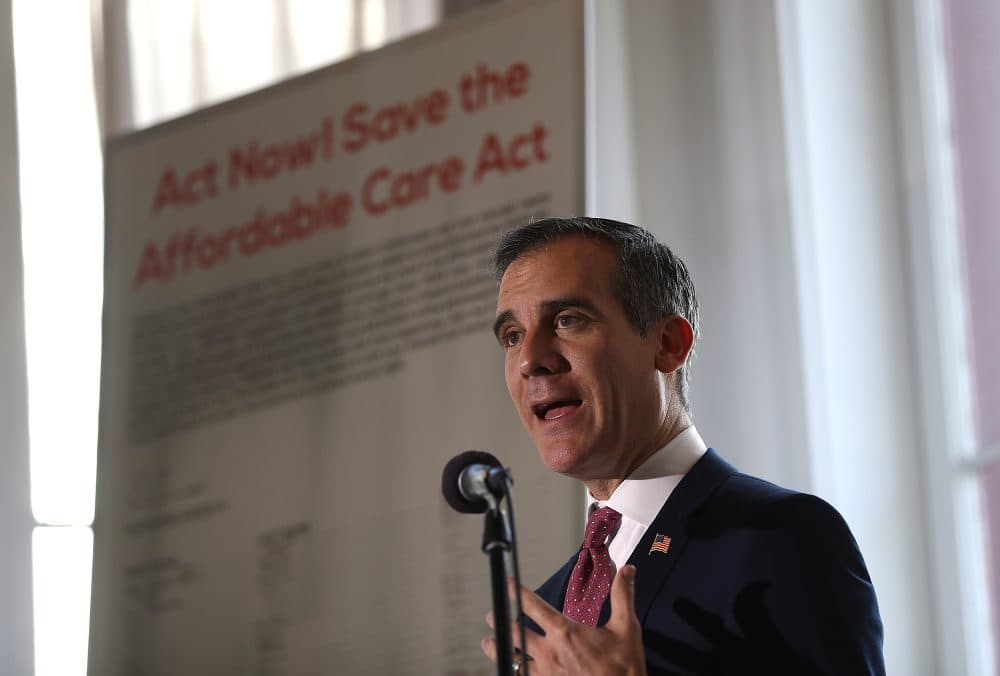 Los Angeles Mayor Eric Garcetti speaks during a town hall on the Affordable Care Act National Day of Action on Feb. 22, 2017 in Los Angeles. (Justin Sullivan/Getty Images)