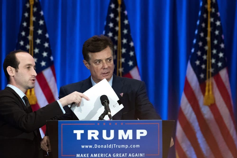 Trump campaign chairman Paul Manafort checks the podium before Republican Presidential candidate Donald Trump speaks during an event at Trump SoHo Hotel, June 22, 2016 in New York. (Drew Angerer/Getty Images)