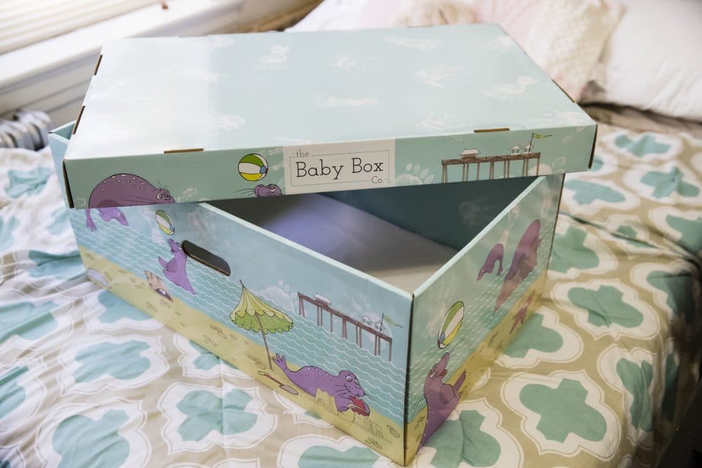 Displayed at the home of Dolores Peterson is a box that can be uses as a crib in Camden, N.J., Monday, March 6, 2017. New Jersey became the first state to send newborn babies and their parents home with a box that doubles as a crib and full of necessities, with the aim of cutting back on sudden infant death syndrome. (Matt Rourke/AP)