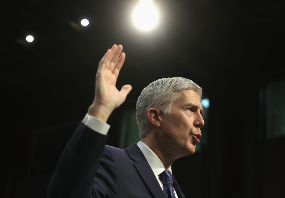 Judge Neil Gorsuch is sworn in on the first day of his Supreme Court confirmation hearing before the Senate Judiciary Committee on March 20, 2017 in Washington, D.C. (Justin Sullivan/Getty Images)