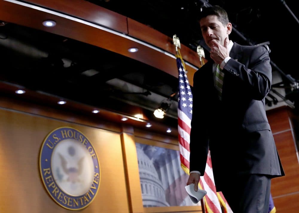 U.S. Speaker of the House Paul Ryan departs after delivering remarks and taking questions at a press conference at the U.S. Capitol after President Trump's healthcare bill was pulled from the floor of the House of Representatives March 24, 2017 in Washington. (Win McNamee/Getty Images)