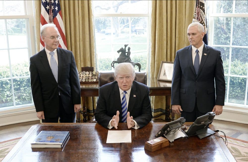 President Donald Trump reacts with HHS Secretary Tom Price (left) and Vice President Mike Pence (right) after Republicans abruptly pulled their health care bill from the House floor, in the Oval Office of the White House on March 24, 2017 in Washington. (Olivier Douliery-Pool/Getty Images)